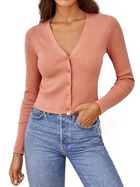Reformation Gilda peach 🍑 Ribbed Button-Front Cropped Cardigan